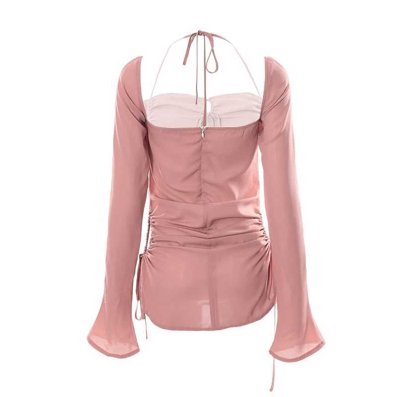 Women Sexy Mini Dress Long Sve Solid Color Square Neck Halter Dress Spring Hollow-Out Bow Tie-Up Dress Skinny y2k StreetwearXJ250115