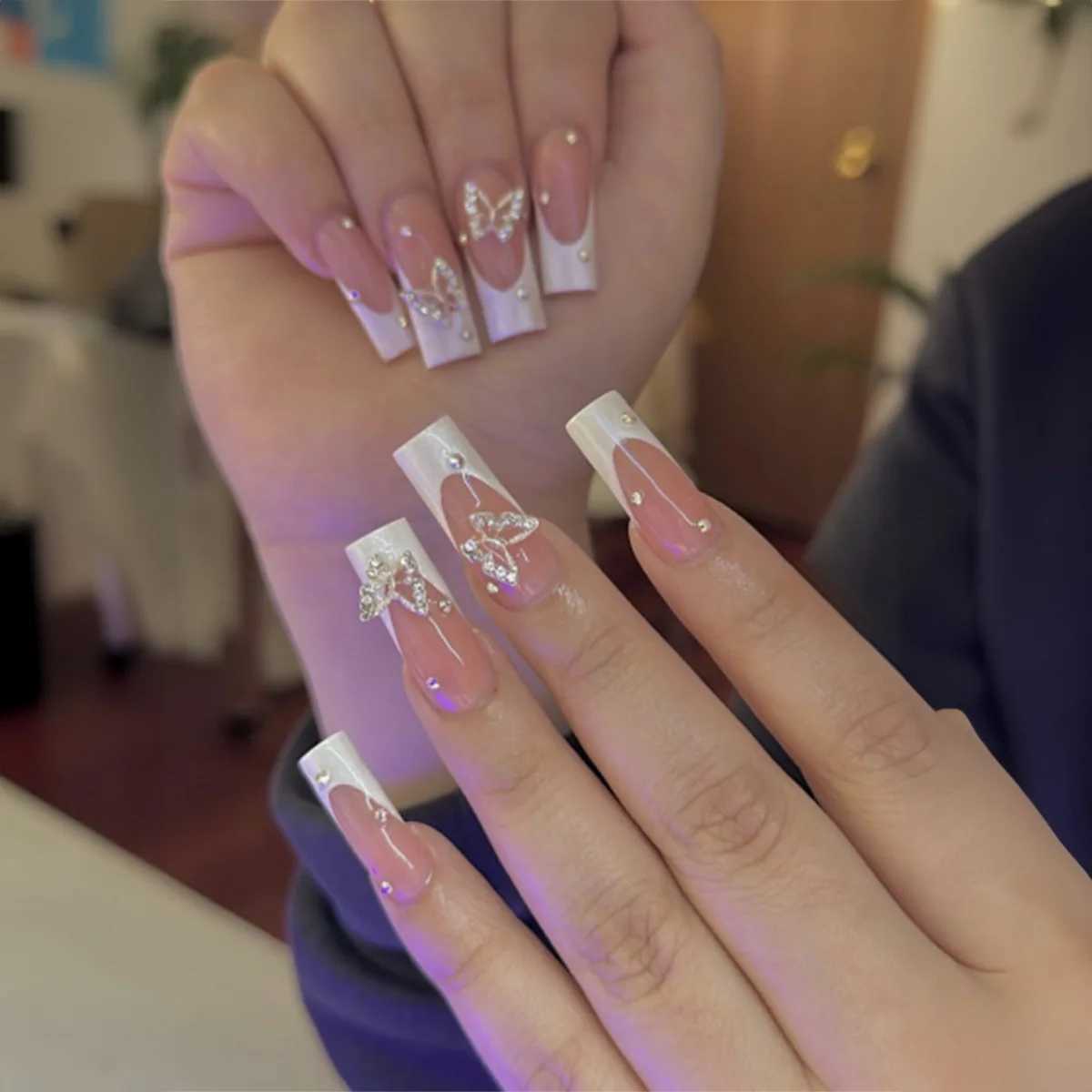 24Pcs Ballet False Nails On French Press on Nails with Rhinestone Wearable Coffin Fake Nail Pink Bow Design Manicure TipsW250120