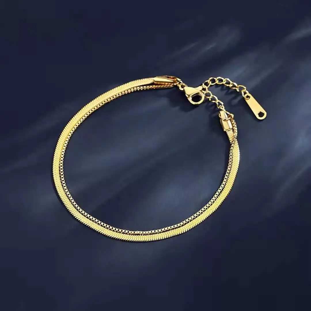 Stylish simple double snake chain stainl steel female anklet timel gold colour female anklet jewelryXJ250121
