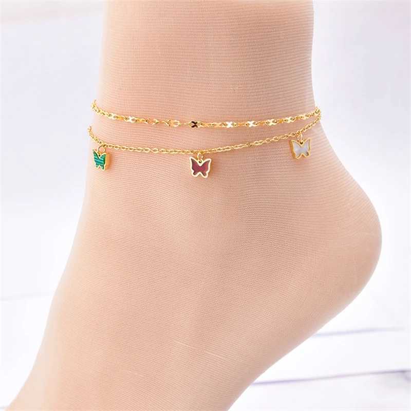 316L Stainl Steel New Fashion Jewelry 2 Layer Embedded In Natural Shells Hang 5 Butterflies Charm Chain Anklets For WomenXJ250121