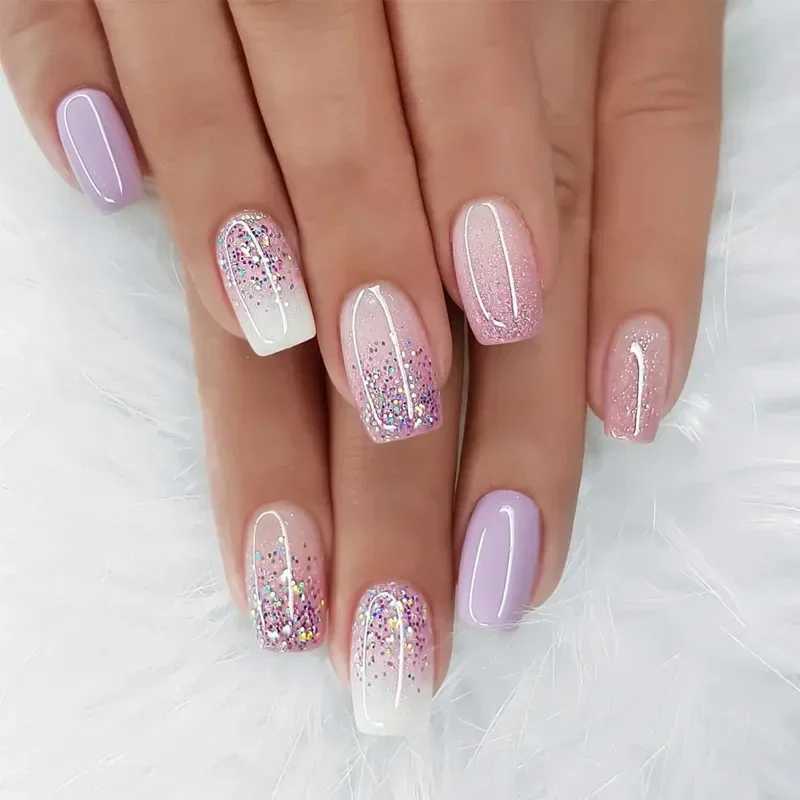 24Pcs Short Square Press on Nails Gradient Glitter False Nails French Tip Lines Acrylic Nails Full Cover Wearable Fake Nail TipsW250120