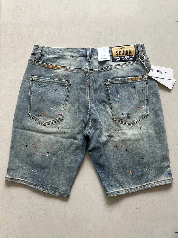 Summer short jeans mens denim shorts stretch hip-hop patch print ultra-thin straight retro punk style T-shirt X250203