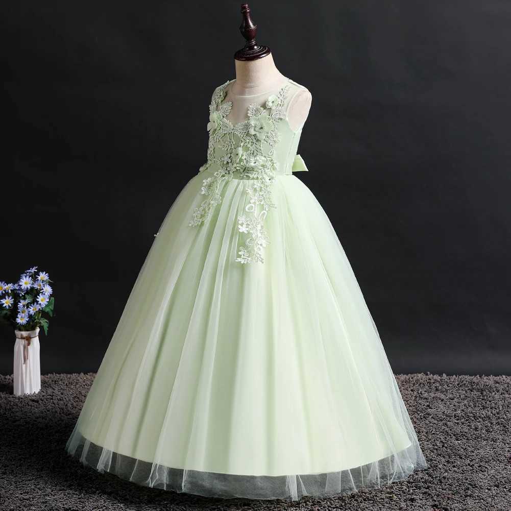 Green New Girl Flower Long Dress Childrens Ball Embroidered Princess Dress for 4 to 14 years Girl Party Wear X250203