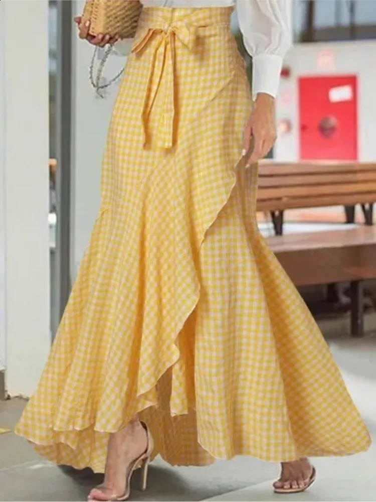 Spring Autumn Women Long Skirt High Waist Laceup Ruffle Trim Plaid Print Bow Tie Irregular Hem Maxi Female 2024 250110