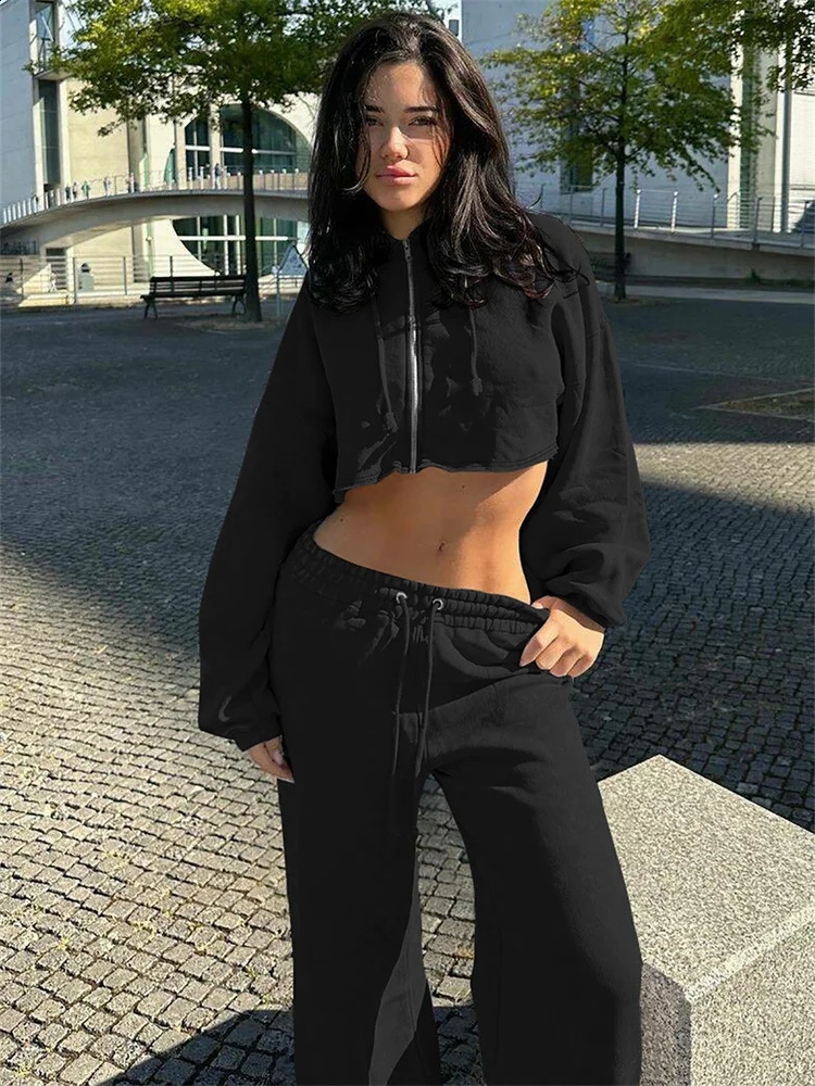 Weird Puss Casual Sporty 2 Piece Set Women Hooded Cardigan Crop JacketDrawstring Straight Pants Solid Simple Classic Tracksuit 250122