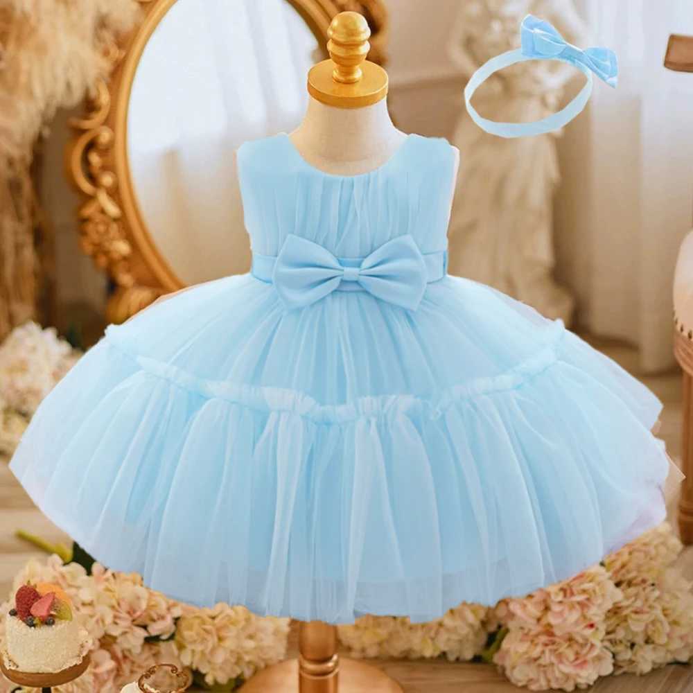 Baby pleated girl princess dress baby white 1st birthday Baptist dress toddler bow party wedding ball dress baby costume X250203