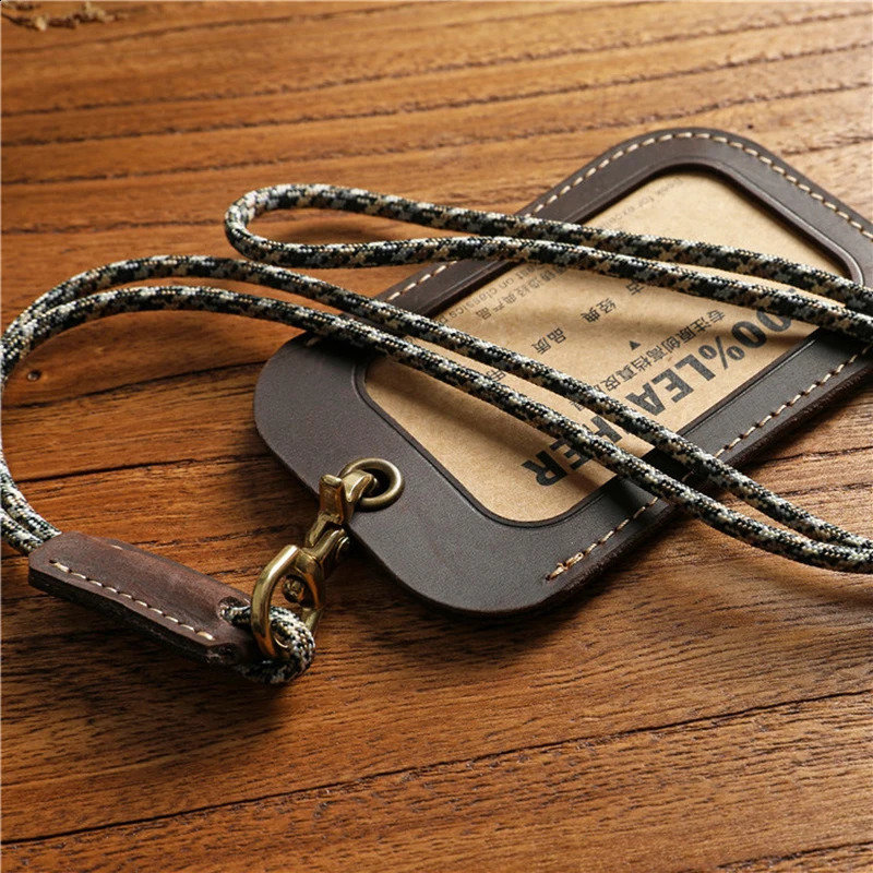 Genuine Leather Badge Holder For Men Women Vintage Handmade Original Cowhide ID Employee Work Bus Card Case Cover With Lanyard 250120