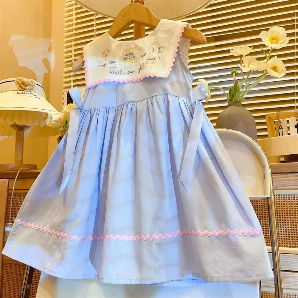 Girls Casual Dresses Summer Blue Dress Baby Doll Collar Vest Round Fashion Simple Childrens Clothing Lovely 250117