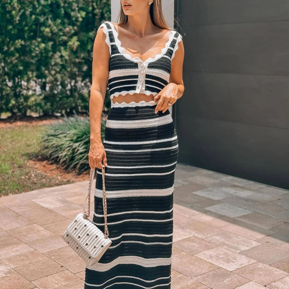Summer Knitted Beach Skirt Sets Women Sexy Backless Slim Bohemian Outfits Fashion Striped Holiday Two Piece Matching Set 250118