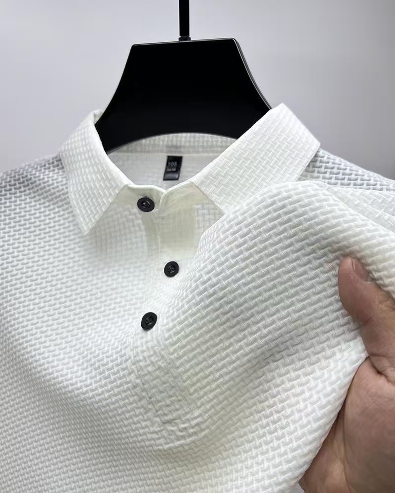 Spring and Autumn Knitted Clothes Men's Solid Color Sweater Stripe Elastic Lapel Pullover POLO Shirt Long Sleeve T-shirt#2423