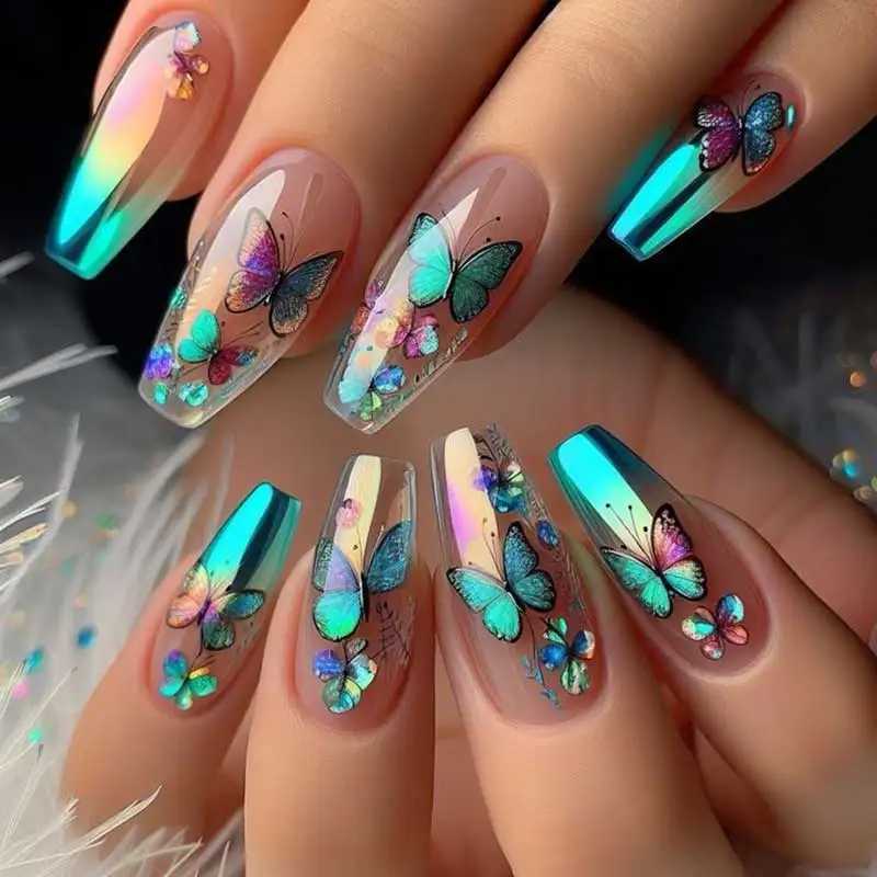 1pcs 3D Aurora Laser Butterfly Nail Art Stickers Shiny Holographic Butterflies Nail Decals 8*10cm Self-Adhesive Nail DecorationsXJ250120