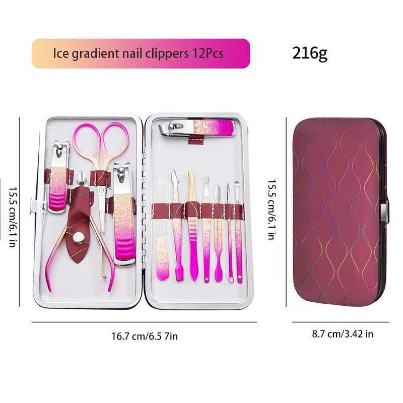 6-12PCS Ice gradient high quality steel Nail Clipper Cuticle Pusher Earpick Manicure Tools Pedicure Suit in PU CaseXJ250121