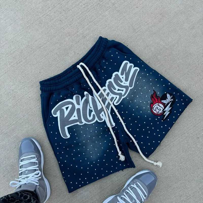 Y2K Harajuku mens shorts with rhinestone letter printed cotton sweater fashionable new hip-hop basketball street loose casual shorts X250410