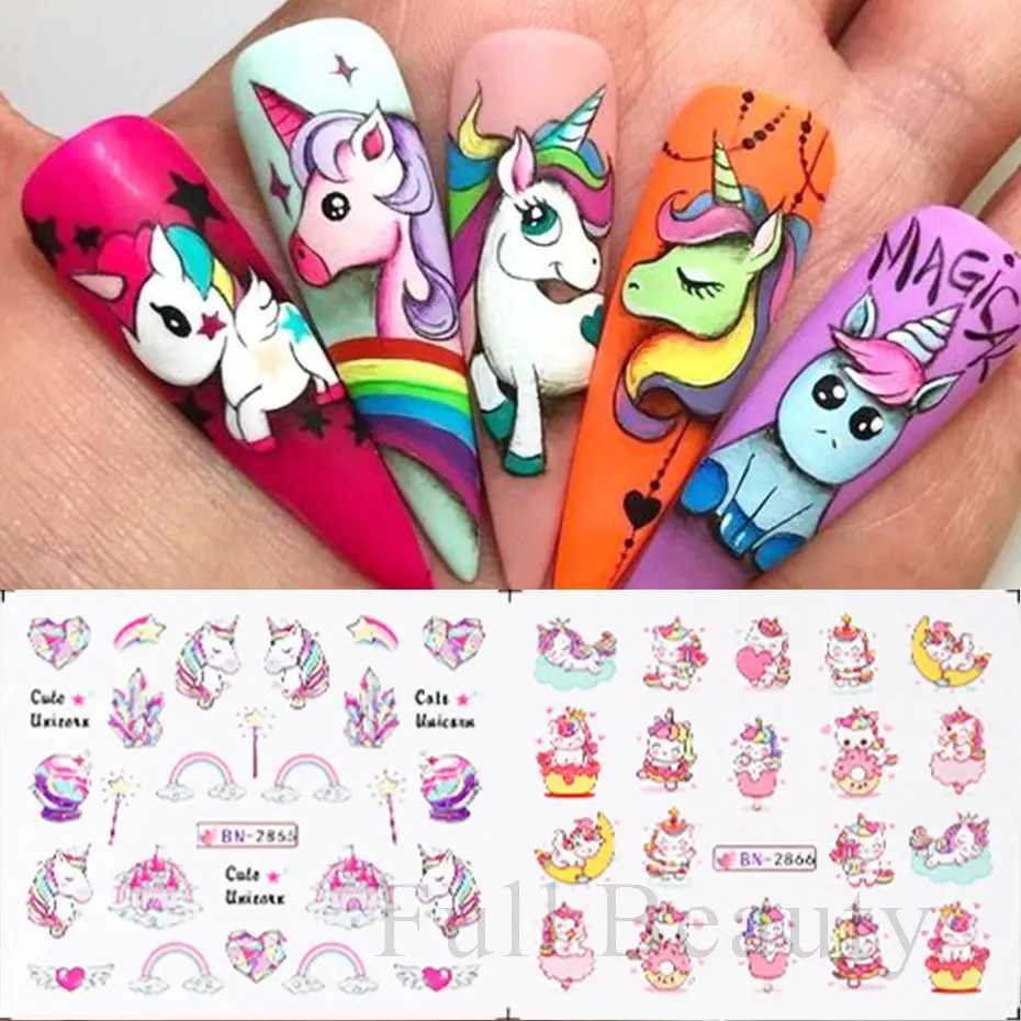 12PCS Cute Unicorn Nail Stickers Rainbow Ice Cream Nail Art Water Transfer Decals Sliders English Letter Decoration Foils TattooXJ250120