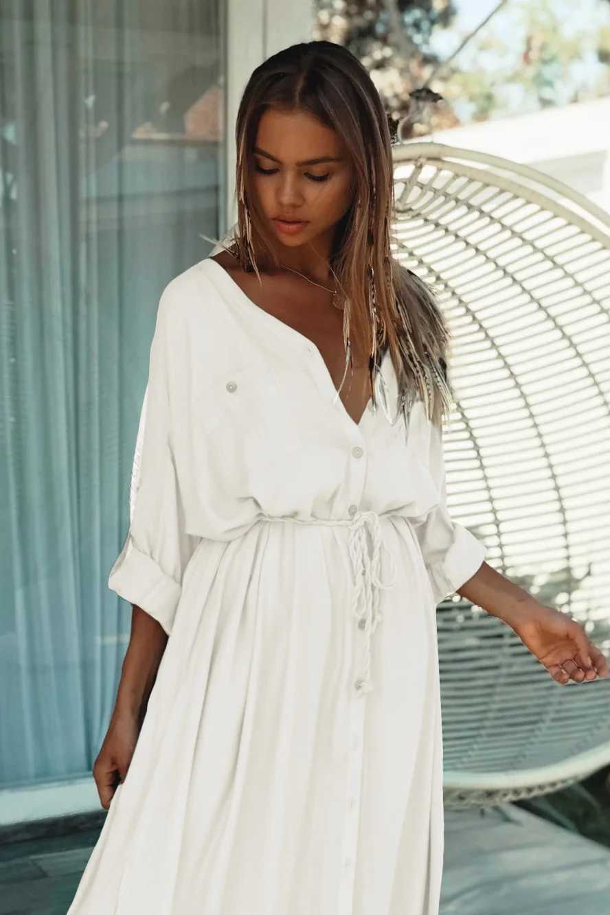 2024 New Boho Cover Up Womens Casual Kaftan Plus Size Beach Outfits Dr Batwing Sleeve Bathing Pareo Sarong Beachwear Plage W250120