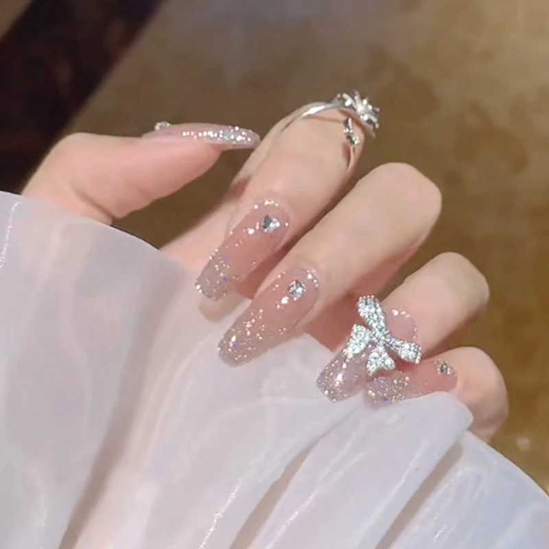 French Style False Nails Glitte Bow Design Fake Nail Patch False Nail Patch Mid Length Coffin Ballerina Acrylic Artificial NailsW250120