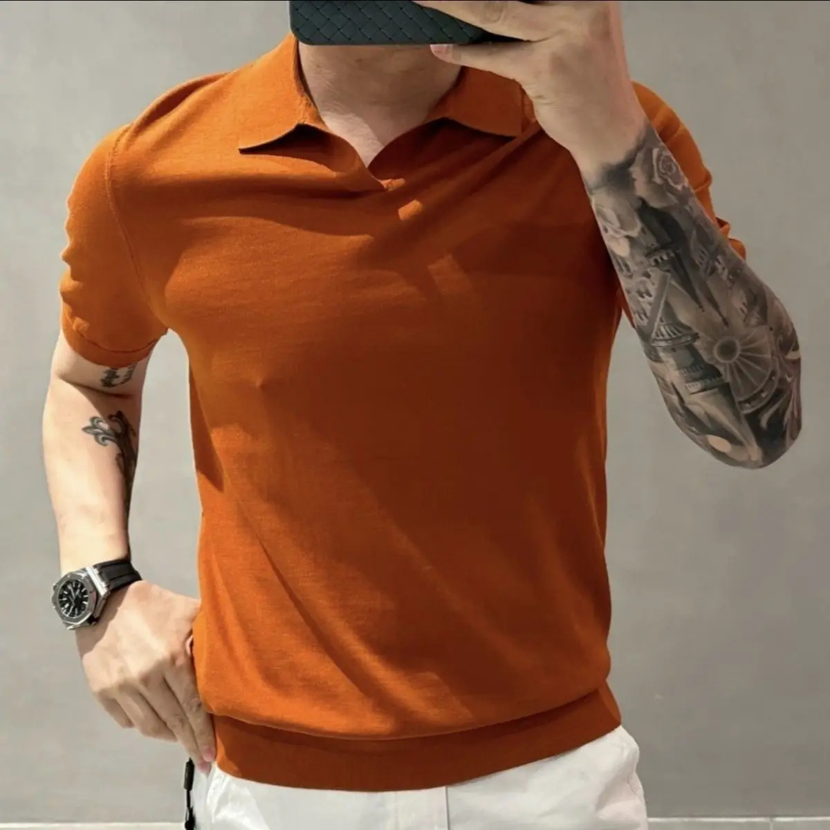 High quality fashionable simple casual summer pure thin polo shirt mens lapel patch work version short sleeved knitted top 250118