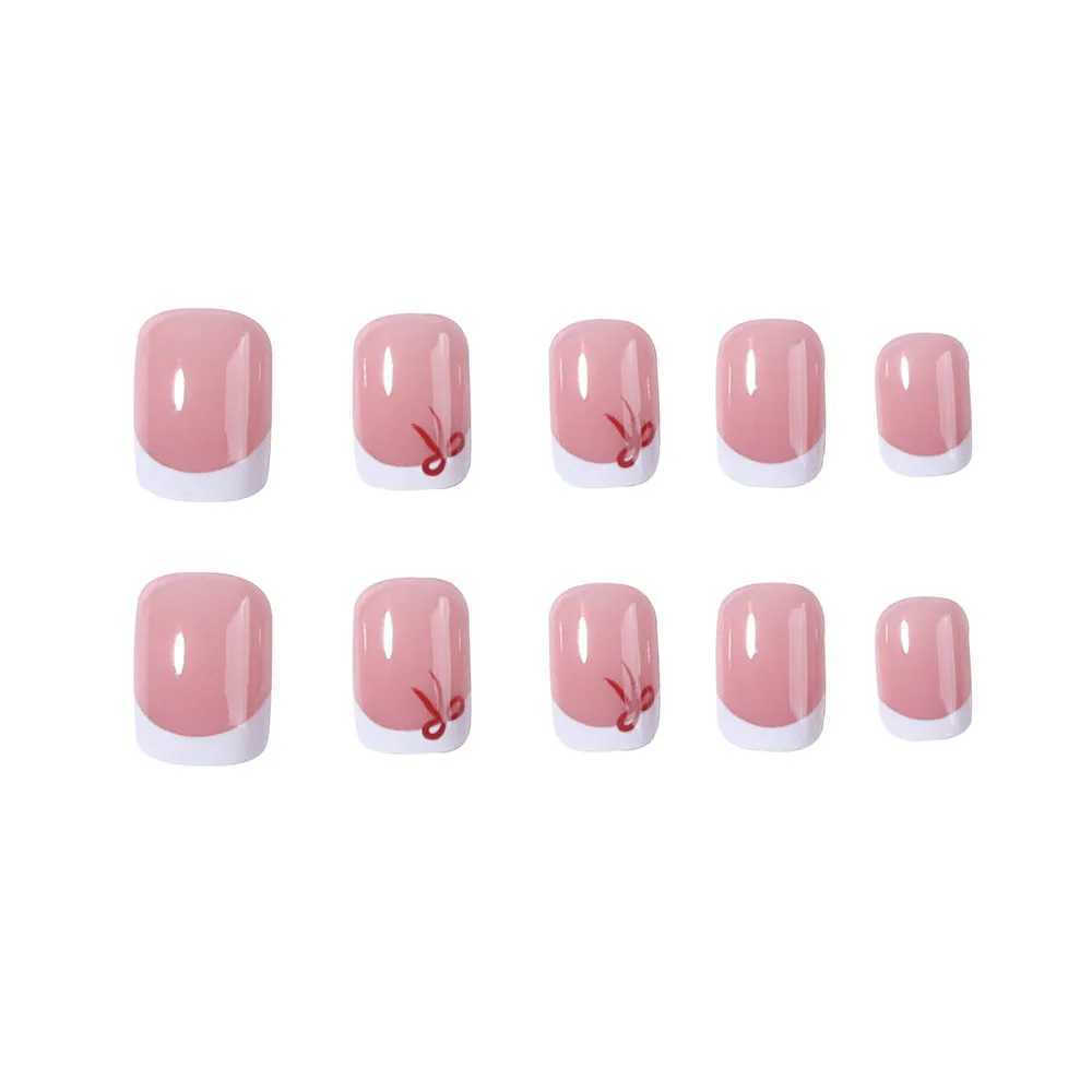 24pcs short square press nails simple white French nails with bow trim short coffin shaped fake nails for women and girls incW250120
