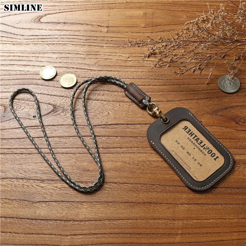 Genuine Leather Badge Holder For Men Women Vintage Handmade Original Cowhide ID Employee Work Bus Card Case Cover With Lanyard 250120