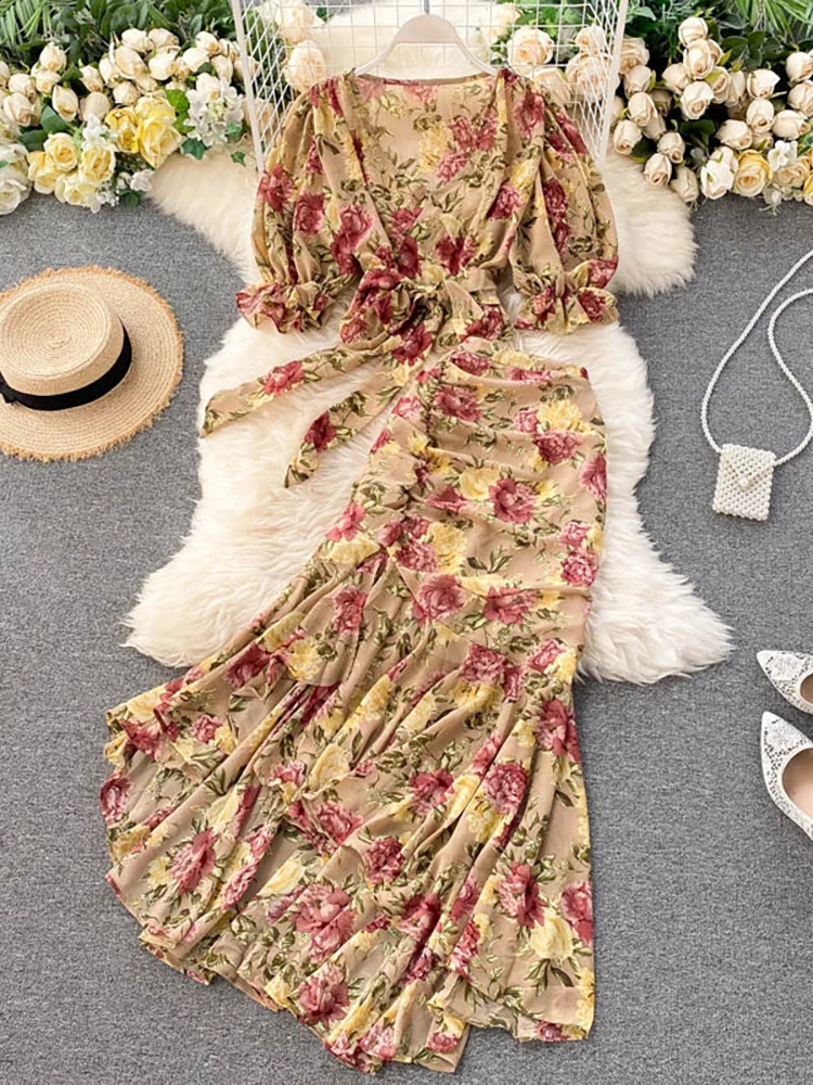 Bohemian Pink/Blue Floral Print Chiffon 2pcs Set Women Summer Bandage Short Tops High Waist Mermaid Skirt Female Sets 250118