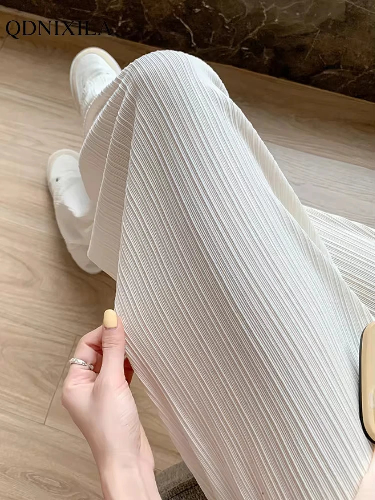 2024 Spring Summer Ice Silk Wide Leg Pants for Women Korean Thin Chiffon High Waist Saggy Loose Straight Casual Fashion Trousers 250121