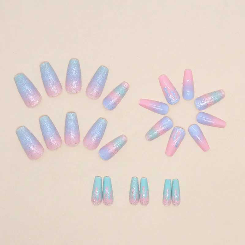 24Pc/set Girl Pink Blue Gradient On Ballet Fake Nails Acrylic Press on Nail Tips Removable Artificial Wearing False Nails ArtW250120