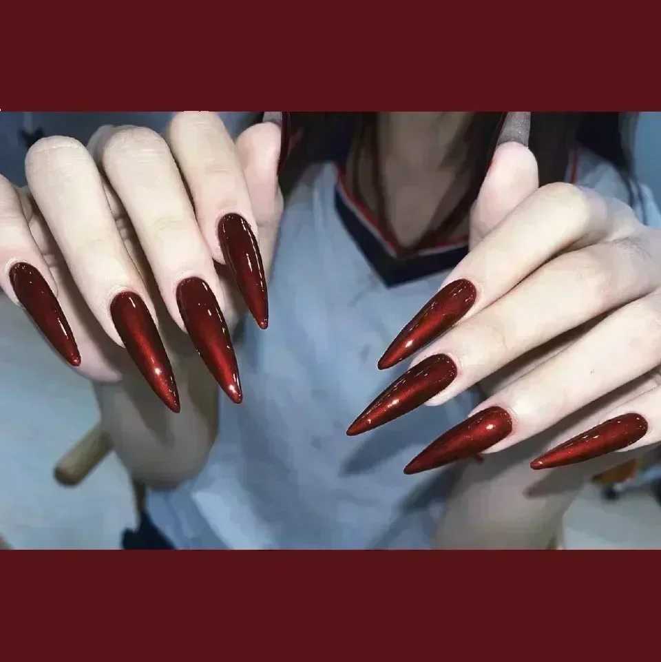 24 pieces/box long high-heeled fake nails with glue red nude pink white milk tea color jelly nail tips fully covered pressed nailsW250120