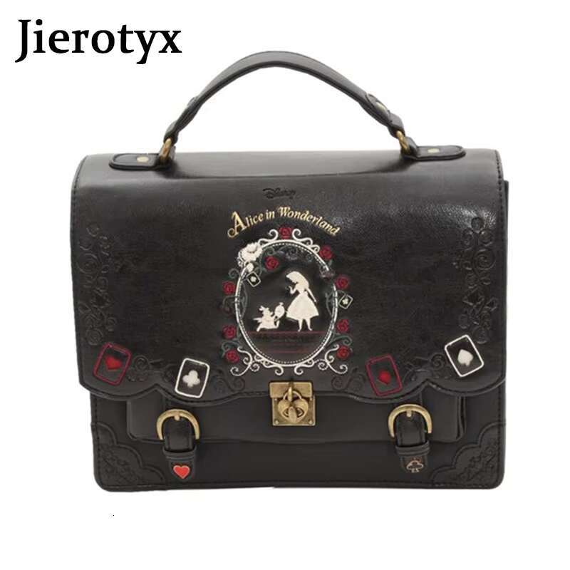 JIEROTYX Girl Alice In Wonderland School Backpack Women Handbags Bag Black Gothic Punk Style Hot Sale