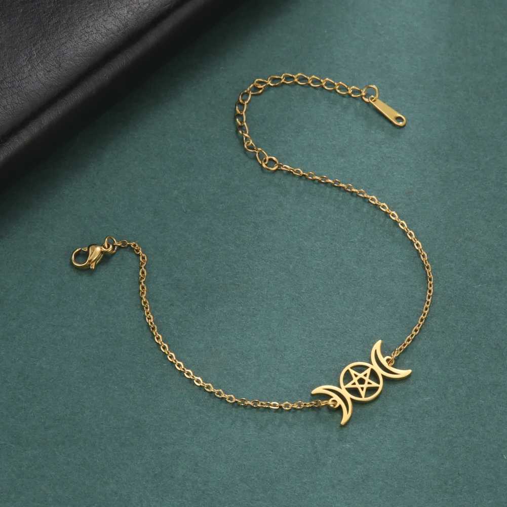 Dara Triple Moon Wiccan Anklet Bracelet Crescent Moon Pentagram Godd Symbol Stainl Steel Bracelet Vintage JewelryXJ250121