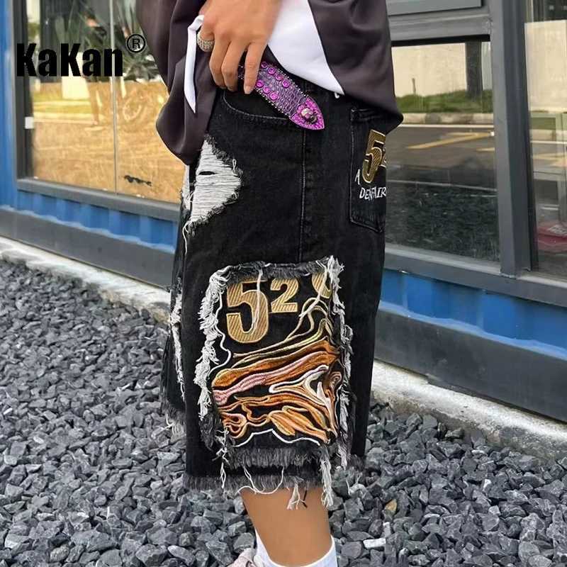 Kakan-Europe and The United States New Embroidery Fringe Jeans Mens High Street Broken Hole Shorts Jeans K27 X250203
