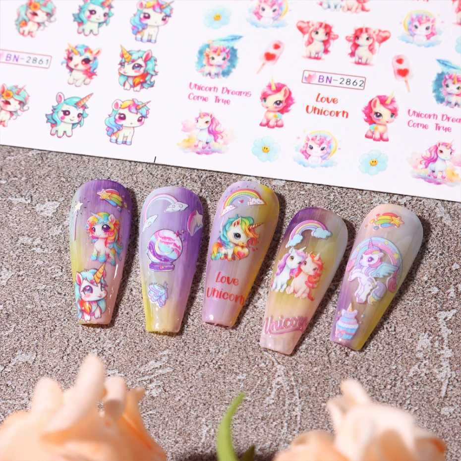 12 Designs Pink Unicorn Water Transfer Slider Rainbow Horse Ice Cream Heart Cartoon Anime Nail Sticker Polishing Nail DecorationXJ250120
