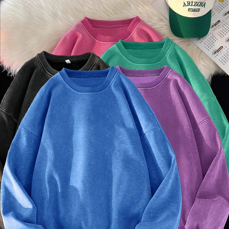 Woman Men Solid Washed Sweatshirt Cotton Acid Wash Hoodies Autumn Warm Crewneck Pullover Fashion Vintage Oversize Female Clothes 250122