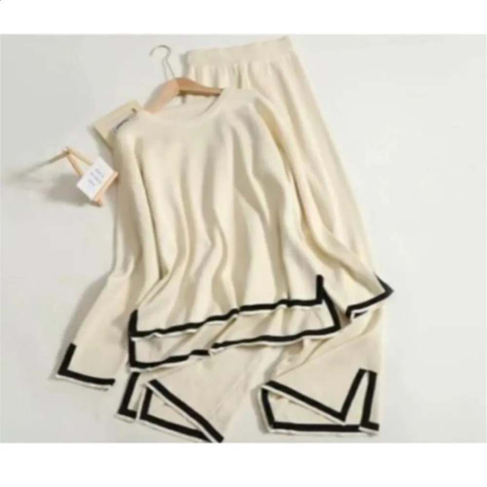 Elegant Side Slit Pullover Long Sleeve Sweaterwide Leg Pants 2 Piece Sets Women Autumn Winter Solid Casual Knitted Suits Female 250122