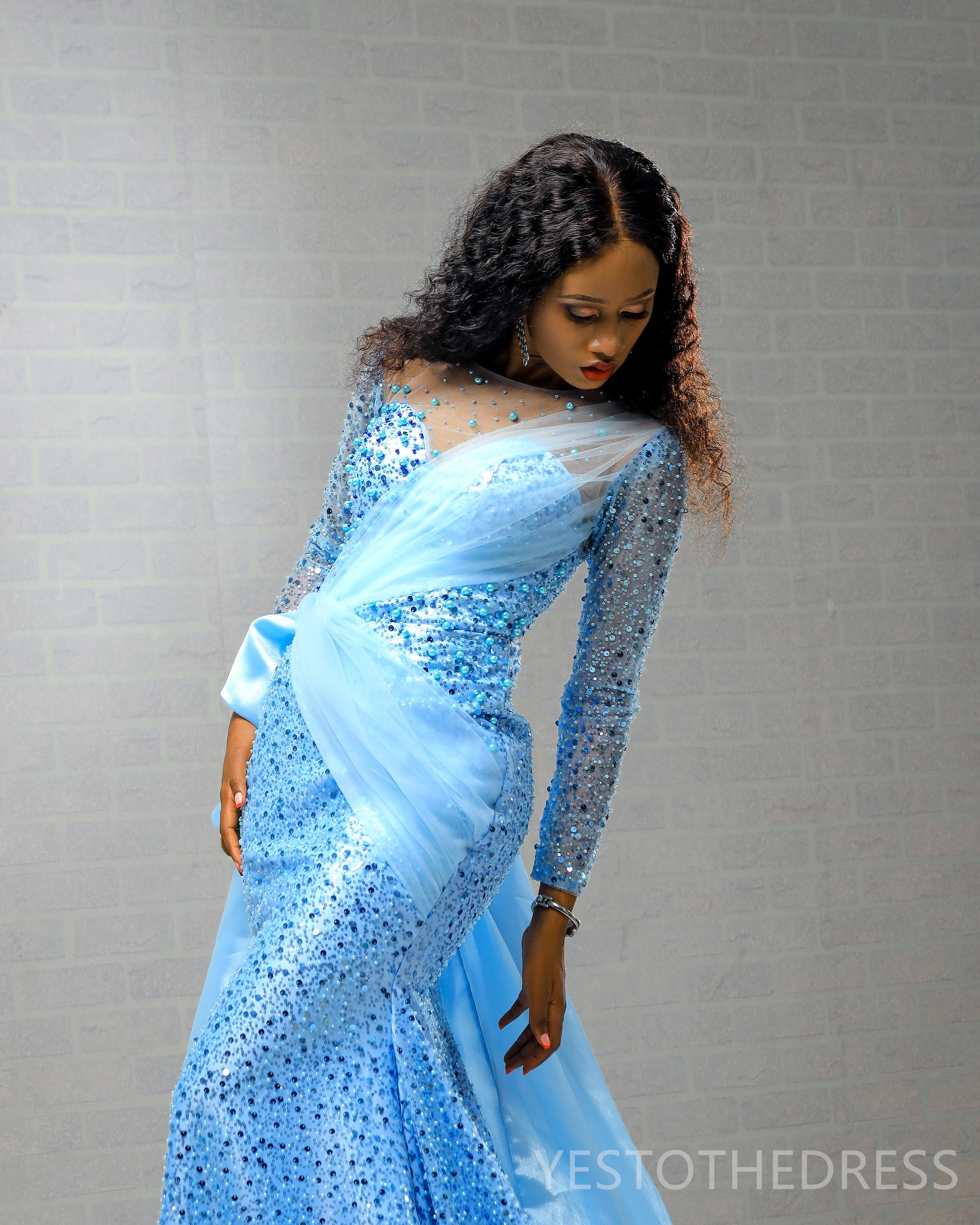 2025 Elegant Sky Blue Aso Ebi Prom Dress Mermaid Evening Gowns For Black Women Sheer Neck Long Sleeves Beaded Sequin Lace Birthday Dress Second Recept