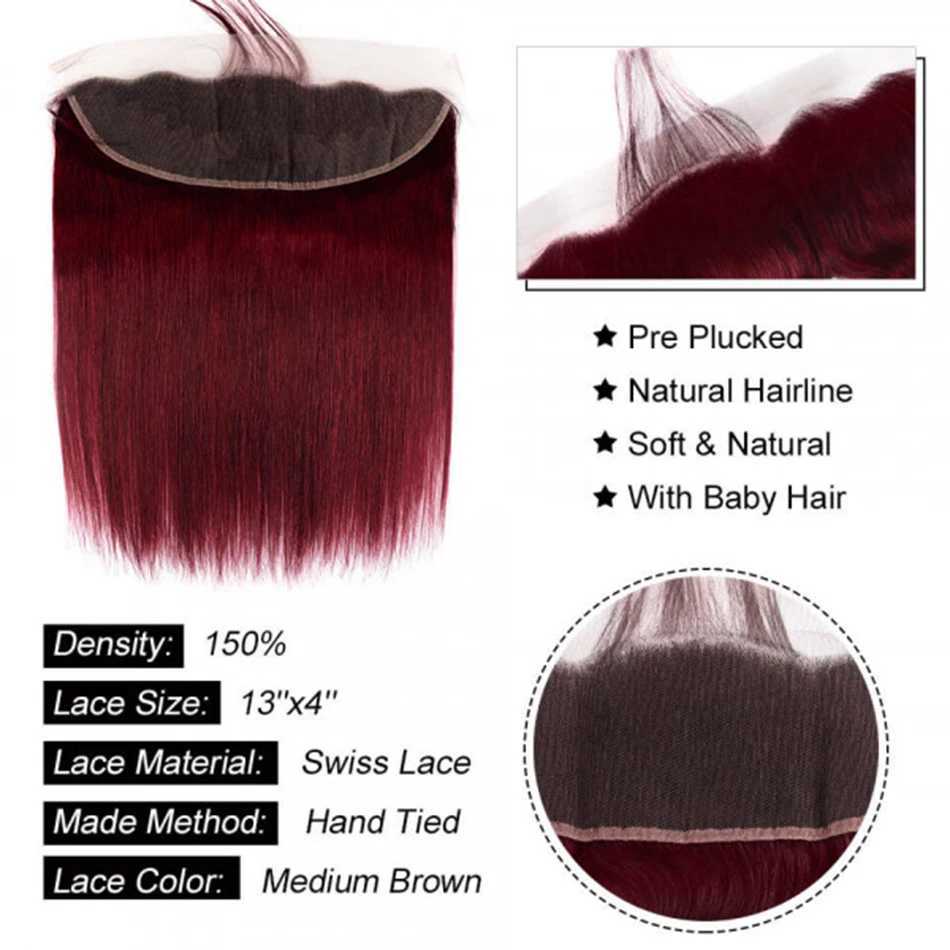 Straight Hair Bundles with HD Lace Frontal 99j Burgundy 3 Bundles with 13x4 HD Lace Frontal Red Wine Color Remy Human Hair WeaveXJ250120