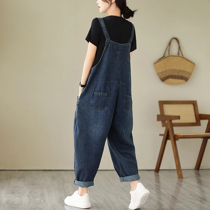 6223 Spring Fall Fashion Womens Multi Pocket Cargo Suspender Female Vintage Patchwork Blue Denim Overalls Casual Loose Jumpsuit 250122