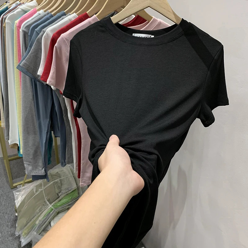 100% Cotton T Shirt Women Summer Slim Solid Basic Tees Casual Tshirt Korean O Neck Black White Gray Short Sleeve Tops 250122