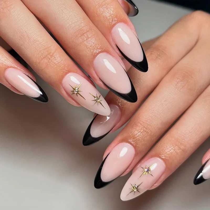 Short Square Fake Nails Y2K Style Nails Press on White/Black French Tips Star Diamond Designs False Nails for y2k Girls 24PcsW250120