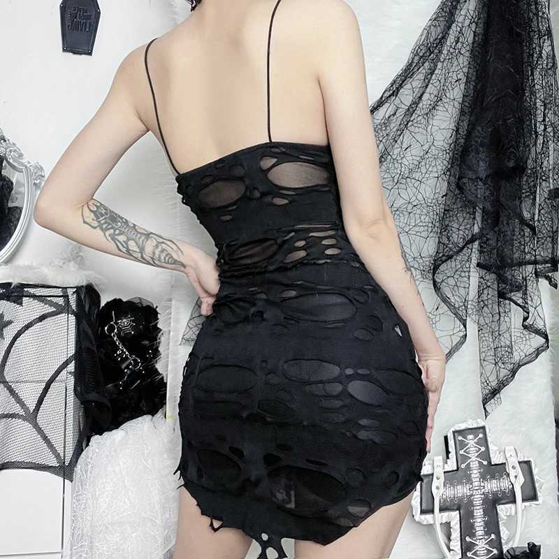Gothic Style Ripped Hole Slim Fit Slit Bag Hip Skirt Irregular Design Black Suspender DressXJ250115