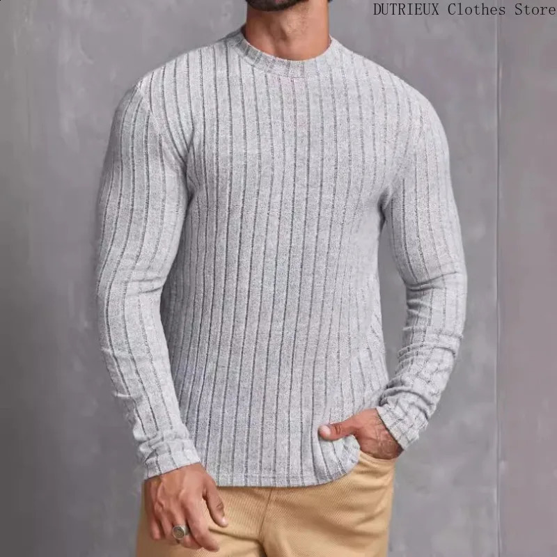 Soft Elastic Fitness Sports Long Sleeve T-shirt Simple Fashion Slim-fit Knitwear Mens Casual Solid Color Striped T-shirt 250117