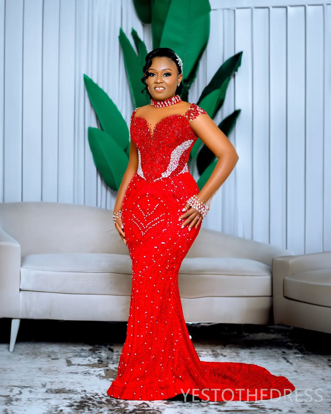 2025 Plus Size Aso Ebi Red Prom Dresses Mermaid Evening Gowns For Black Women Illusion High Neck Beaded Lace Long Sleeves Birthday Dress Second Recept