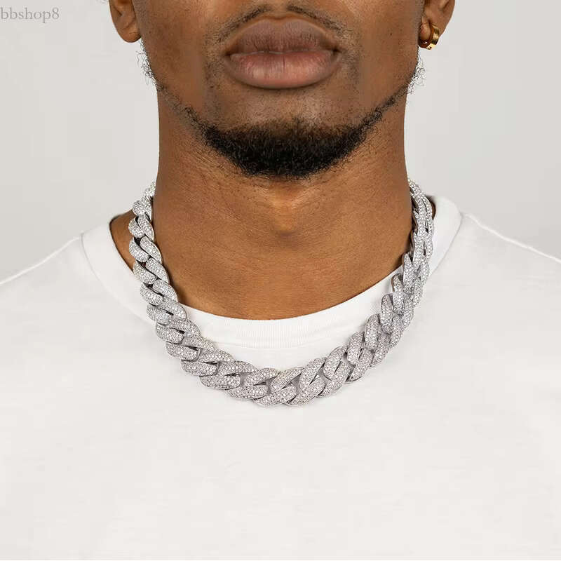 Luster Hip Hop Iced Out 20mm Wide VVS Round Box Clasp Choker Sier Moissanite Cuban k Chain for Rapper Men