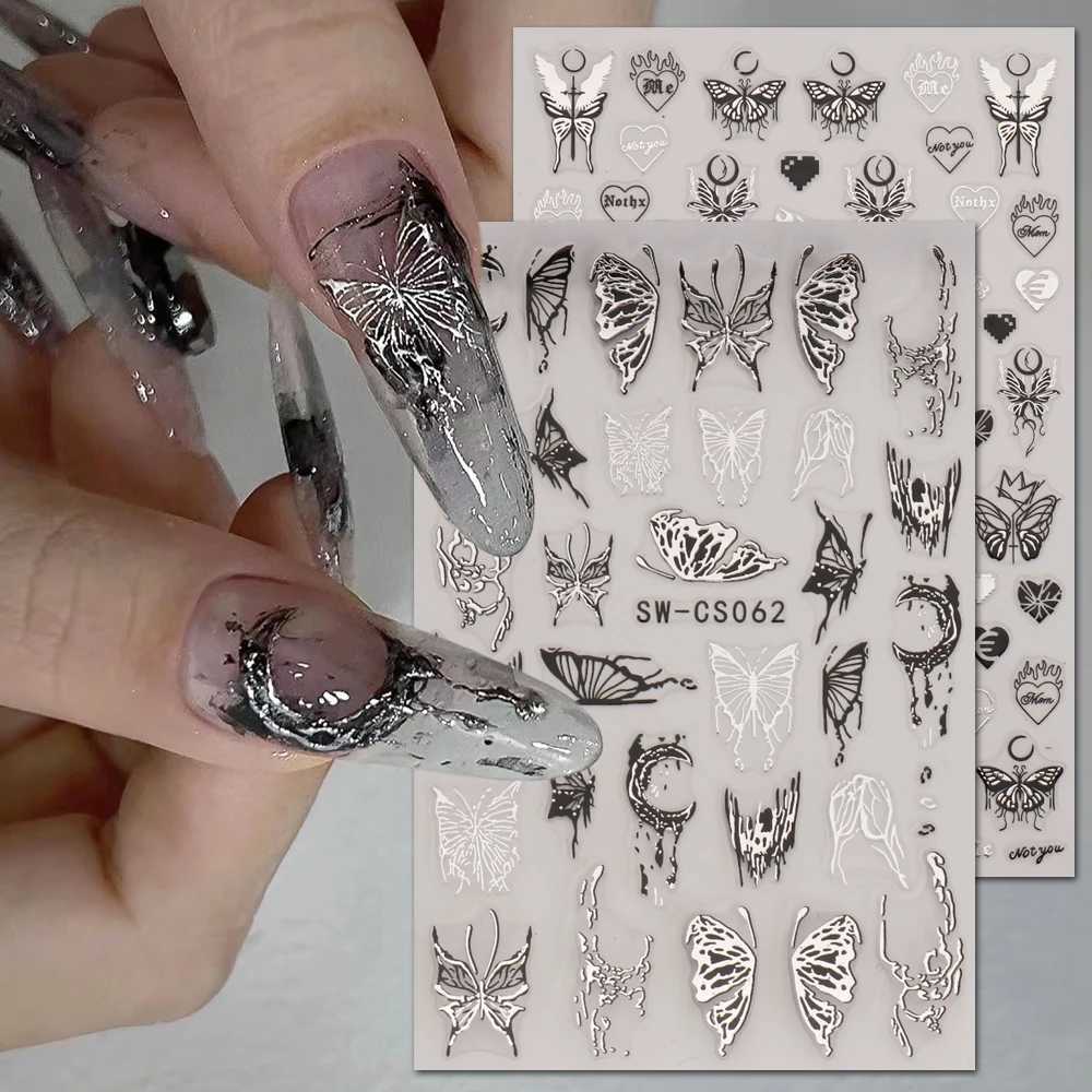 3D Metallic Silver Nail Stickers Butterfly Ink Moon Heart Sliders Charms Lock Dark Black Foils Nail Decor Jewelry Accessory SASWXJ250120