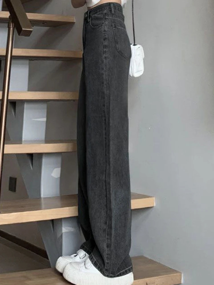 Girls High Waist Wide Leg Jeans Lady Street Denim Straight Pants Female Retro Blue Light Black Gray Pink Trousers 250122