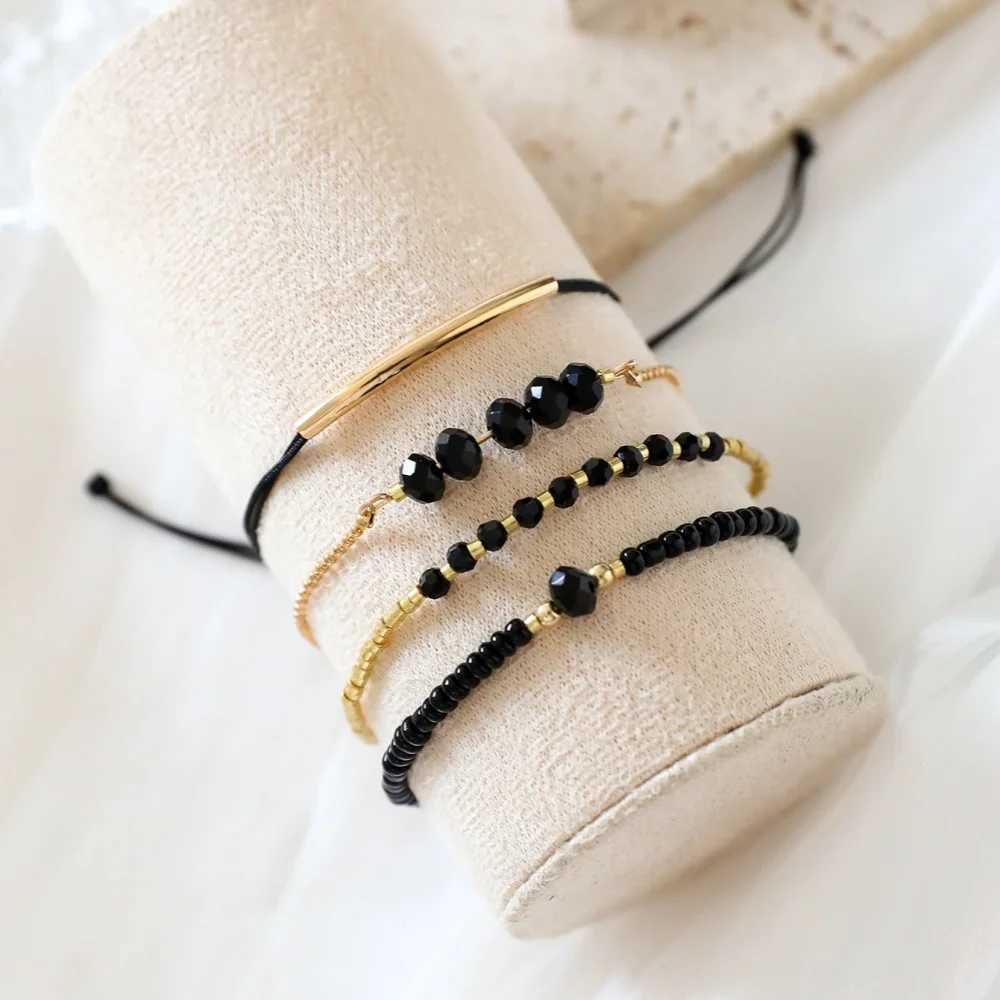 4Pcs/Set Fashion Black Glass Stone Bracelet Suitable for Womens Bohe Handmade Jewelry Accessories W250121