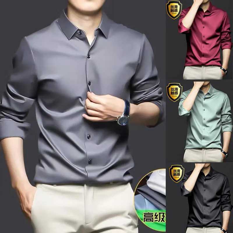 6XL mens shirt long sleeve silky dress Spring and Autumn free ironing Business casual fashion high quality slim breathableXJ250121