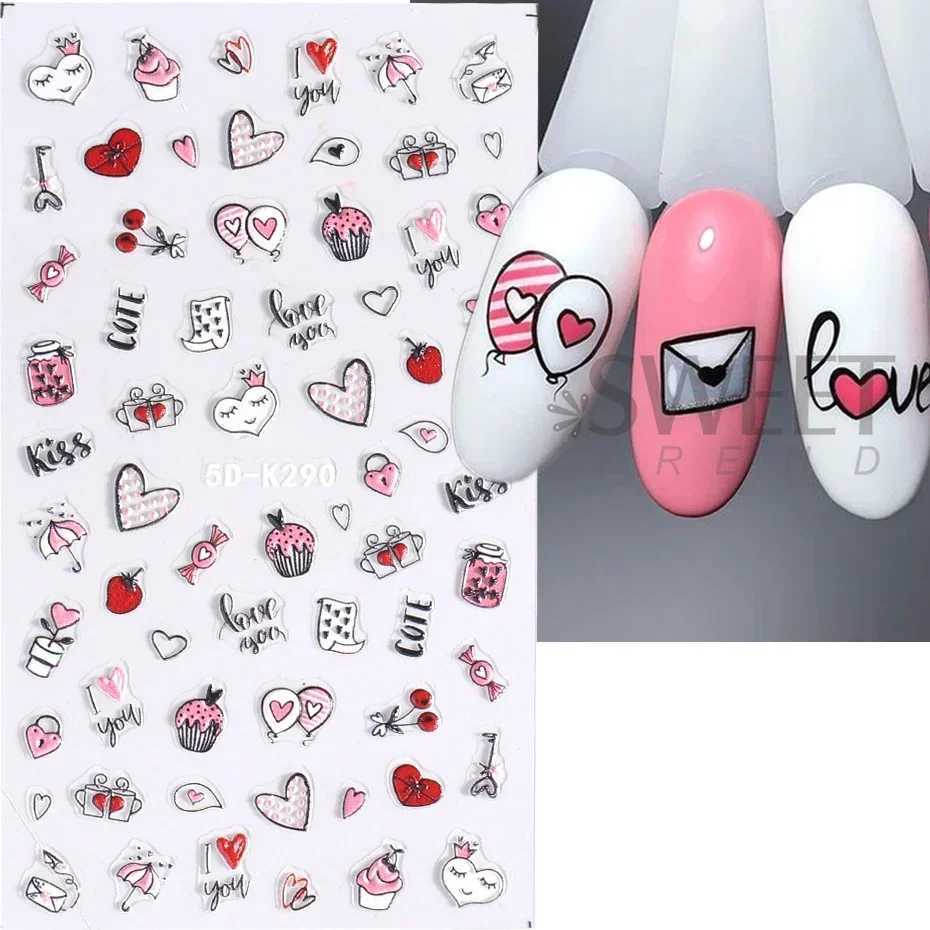 Cute Valentine Nail Stickers 5D Embossed Cartoon Panda Ladybug Doll Red Heart Letter I Love You Engraved Slider Nail Art DecorXJ250120