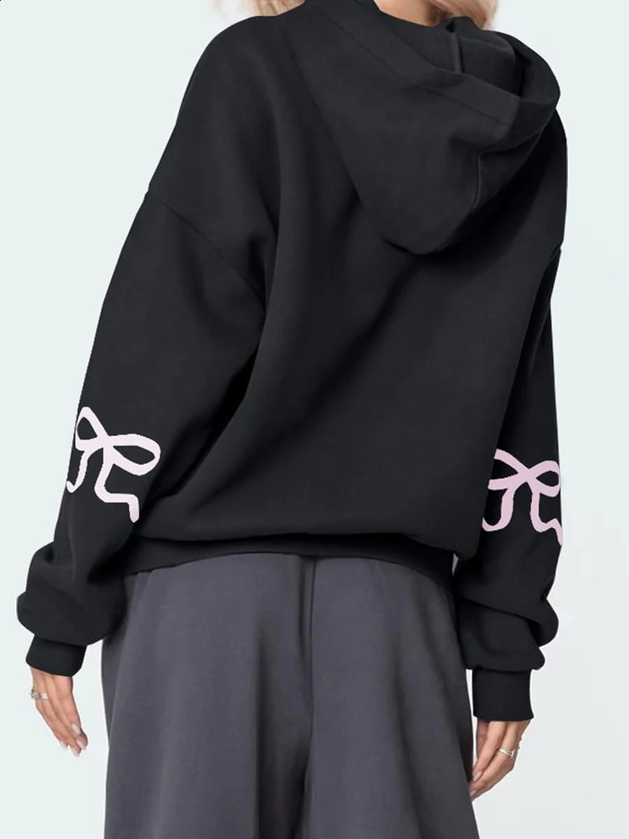 Casual Women s Oversized Hoodies with Bow Print Long Sleeve Sweatshirts Streetwear Aesthetic Tops for a Relaxed Look 250122
