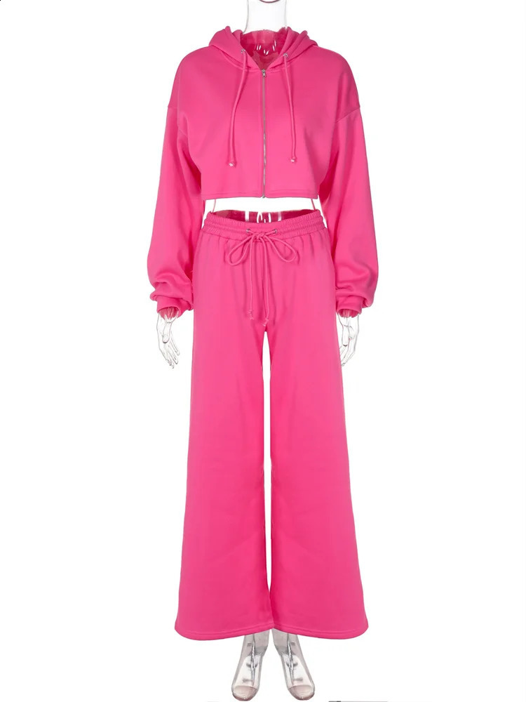 Weird Puss Casual Sporty 2 Piece Set Women Hooded Cardigan Crop JacketDrawstring Straight Pants Solid Simple Classic Tracksuit 250122
