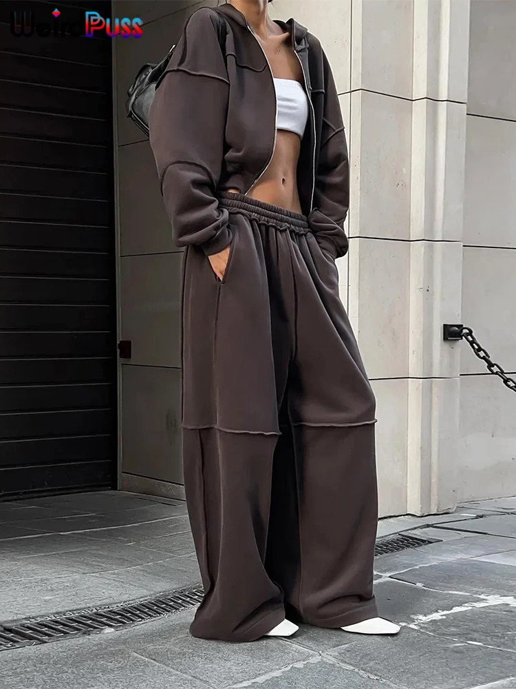 Weird Puss Casual Tracksuit Women 2 Piece Set Panelled Stripes Sporty Simple Hipster Hooded Zip JacketWide Pants Matching Suits 250122